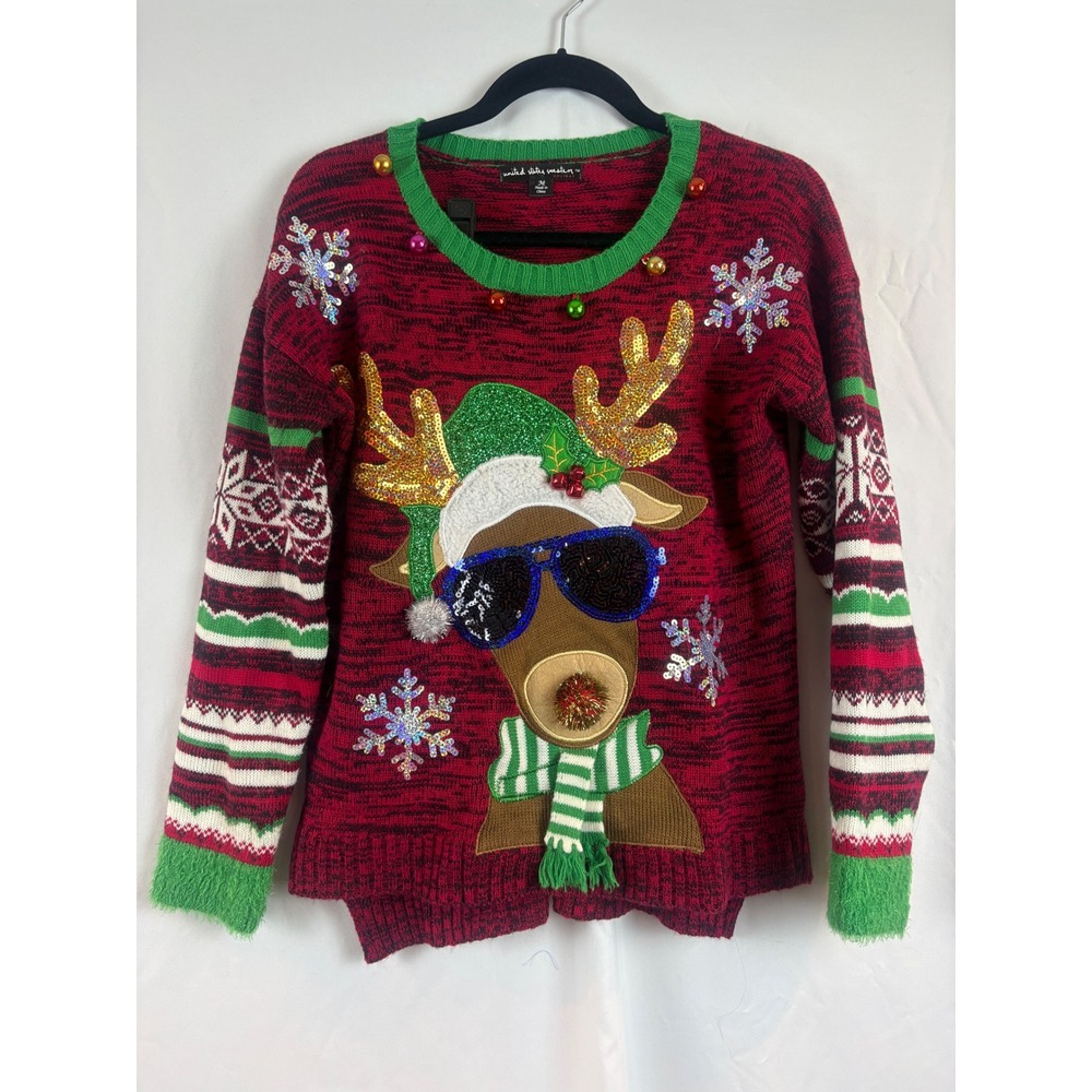 United States Sweaters Reindeer Ugly Christmas Sweater Red Sequin Bells Medium